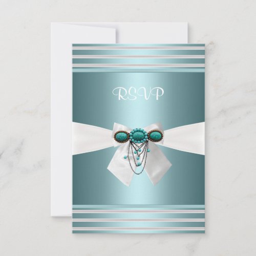RSVP Elegant Teal Blue Stripe White Bow Jewel Custom Invite