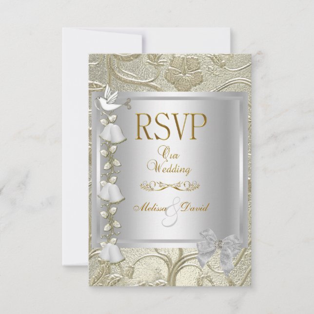 RSVP Elegant Wedding Gold Silver White Dove Damask Card (Front)