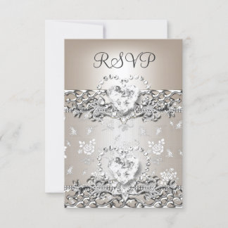 RSVP Elegant Wedding Silver Cream Diamond Heart Card