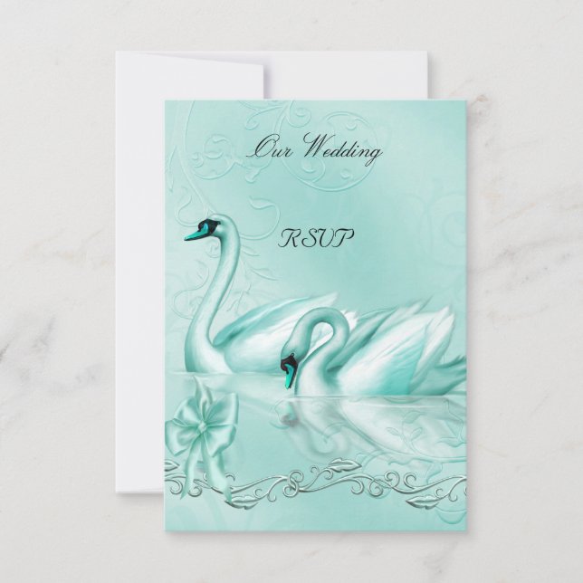 RSVP Elegant Wedding Teal Blue Aqua Swans Heart Invitation (Front)