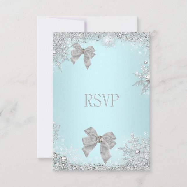 RSVP Elegant Wedding Teal Glitter Silver White Card (Front)