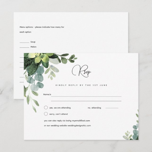 RSVP Eucalyptus Wedding - Watercolor Greenery Menu (Front/Back)