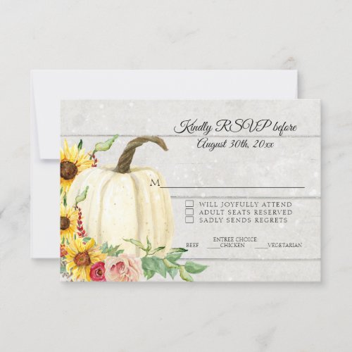 RSVP Fall Sunflower Pumpkin Blush Red w White Wood Invitation