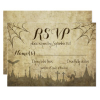 RSVP for a Halloween Wedding with web and cemetery Card