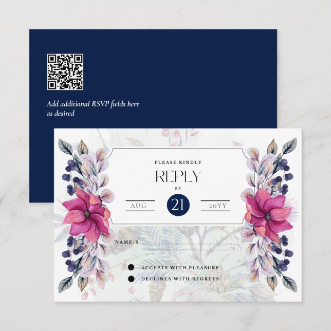 RSVP Fuchsia Pink Navy Blue Floral Elegant Card (Front/Back)