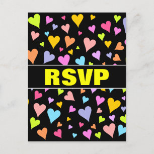 "RSVP" + Fun, Loving, Colorful Hearts Pattern Invitation Postcard