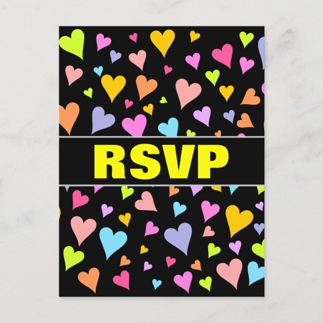 "RSVP" + Fun, Loving, Colorful Hearts Pattern Invitation Postcard (Front)