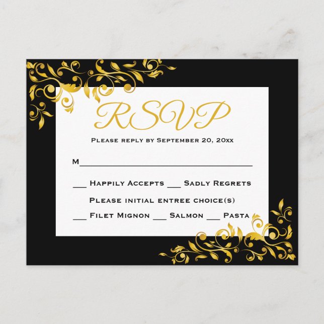 RSVP Gold And Black Floral Swirl Response Card (Front)