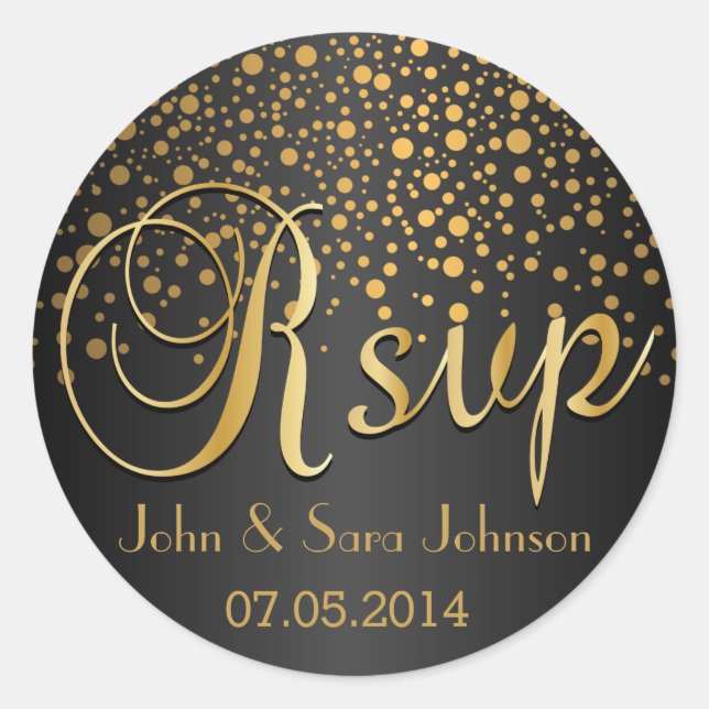 RSVP | Gold Dots and Black | Personalize Classic Round Sticker (Front)