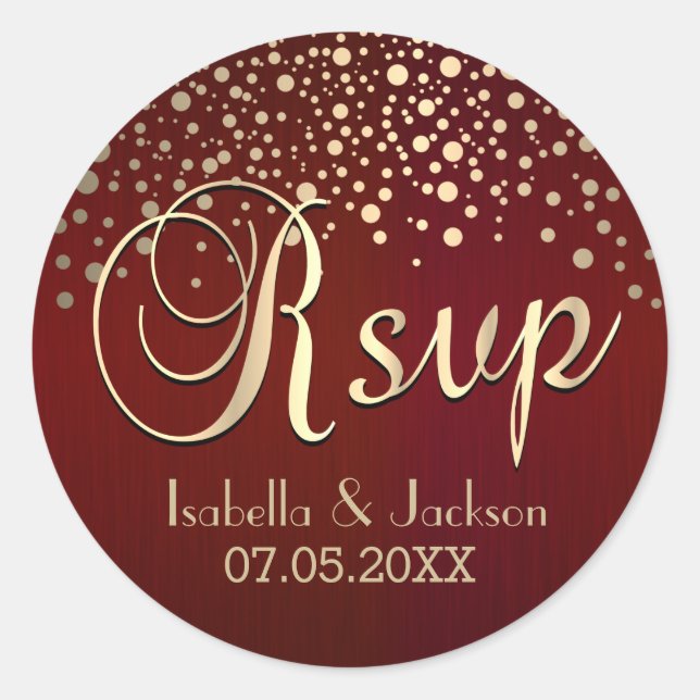 RSVP | Gold Dots and Burgundy Red | Personalize Classic Round Sticker (Front)