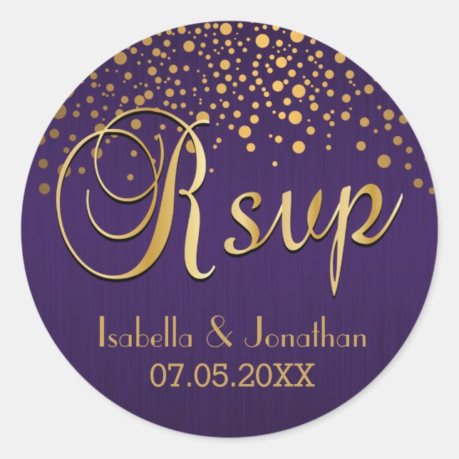RSVP | Gold Dots and Purple | Personalize Classic Round Sticker (Front)