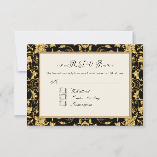 RSVP Gold Floral Damask Faux Glitter Wedding (Front)