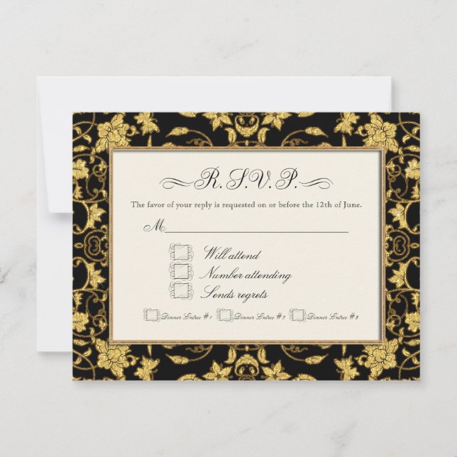 RSVP Gold Floral Damask Glitter Formal Wedding Card (Front)
