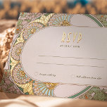 RSVP Gold Green Reply Vintage Art Nouveau Mucha Foil Holiday Postcard<br><div class="desc">Art Nouveau Vintage wedding RSVP card by Alphonse Mucha in a floral, romantic, and whimsical design. Victorian flourishes complement classic art deco fonts. Please enter your custom information, and you're done. If you wish to change the design further, simply click the blue "Customize It" button. Thank you so much for...</div>