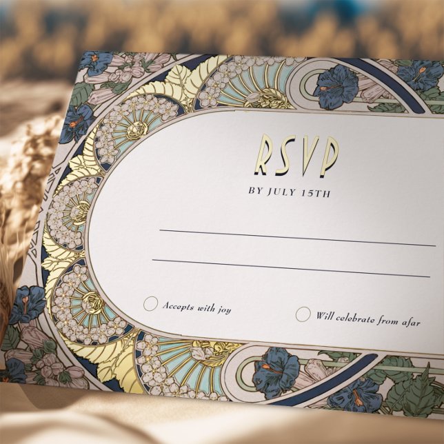 RSVP Gold Navy Blue Reply Vintage Art Nouveau Foil Holiday Postcard (Creator Uploaded)