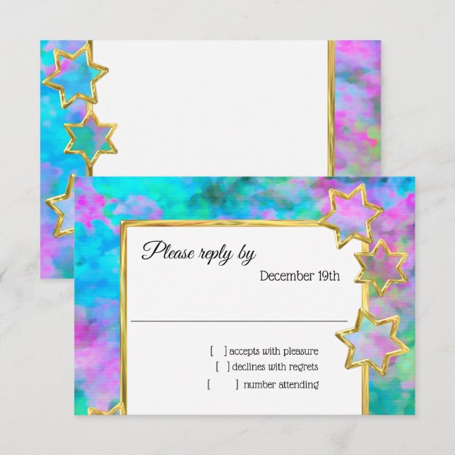 RSVP Gold Star Abstract Blue Green Pink Invitation (Front/Back)