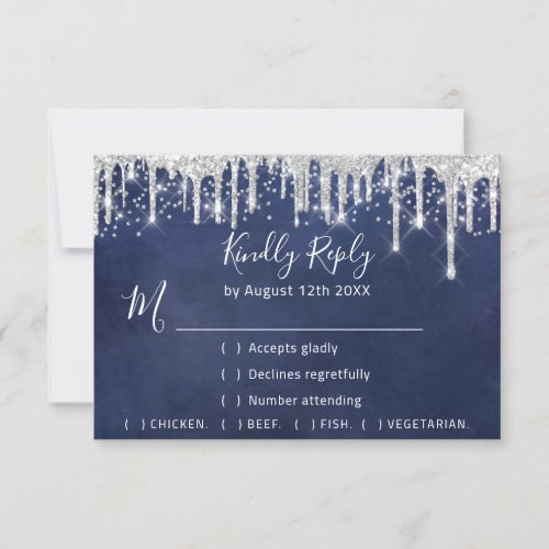 RSVP Gray Drips Wedding Glitter Wedding Blue Navy 