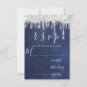 RSVP Gray Grey Silver Aqua Drips Wedding Blue Navy Card