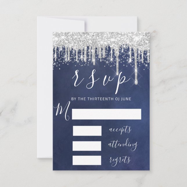 RSVP Gray Silver Drips Bridal Wedding Navy Spark  Card (Front)