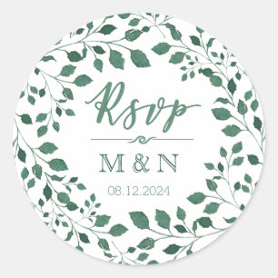 RSVP Green Leaves Wreath Monogram Wedding Classic Round Sticker