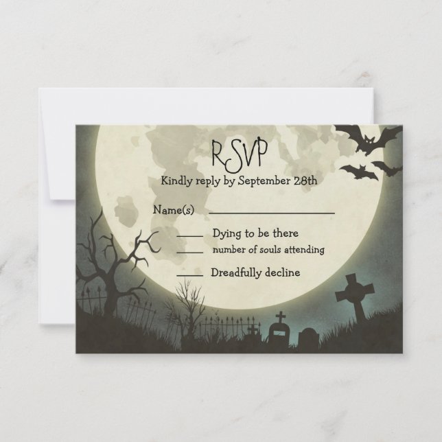 RSVP Halloween wedding with full moon and cemetery Card (Front)