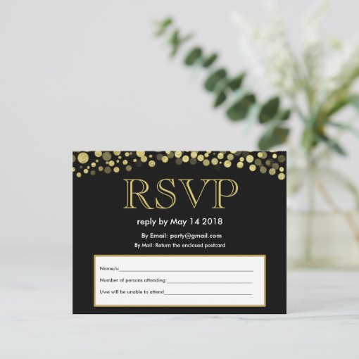 RSVP invite postcard black and gold | Zazzle