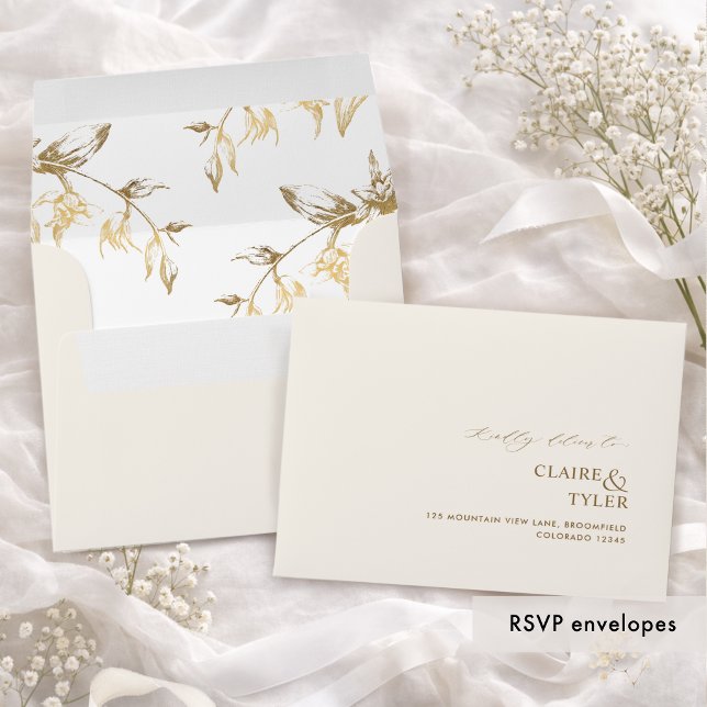 RSVP Ivory and Gold Modern Formal Floral Envelope (Creator Uploaded)