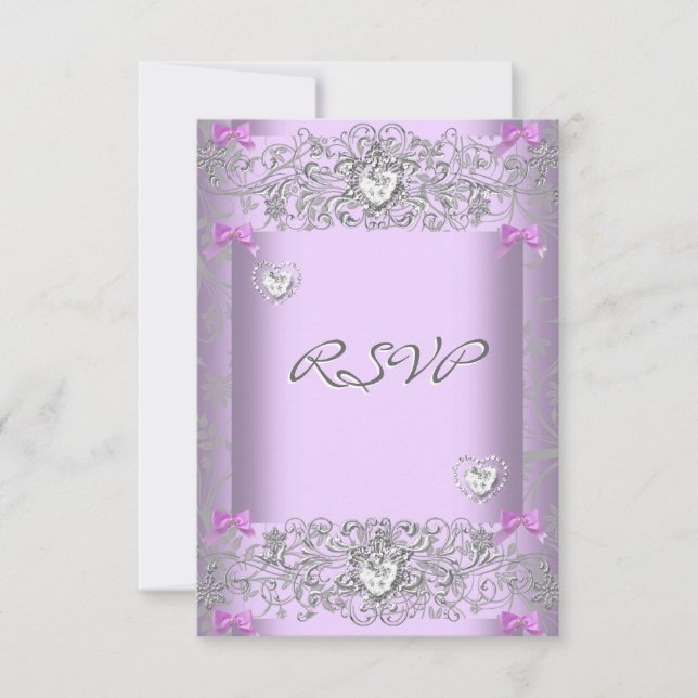 RSVP Lilac Damask Wedding White Diamond Hearts Card (Front)