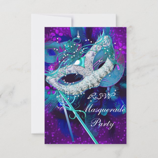 RSVP Masquerade Ball Party Teal Blue Purple Masks Card (Front)