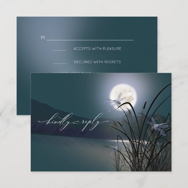 RSVP Menu Dusty Teal Full Moon Dragonfly Pond Invitation (Front/Back)