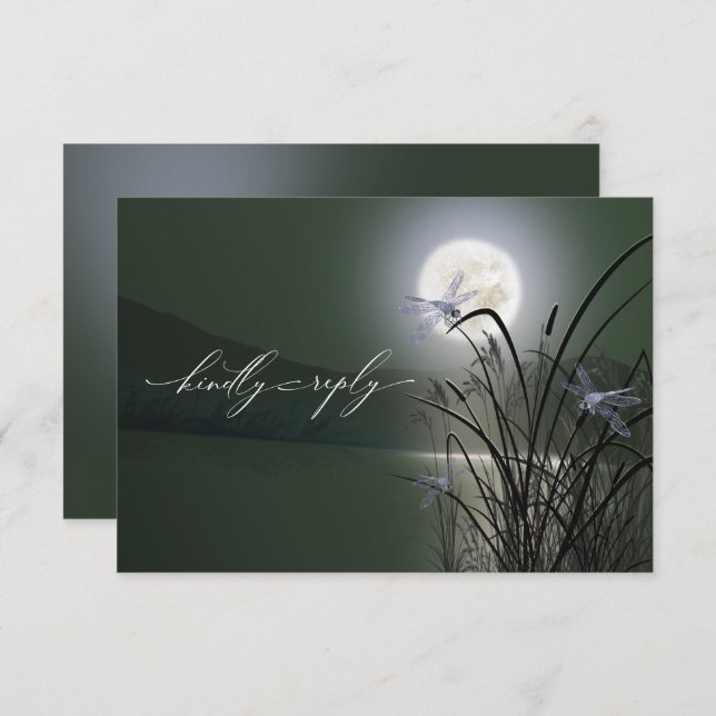 RSVP Menu Sage Green Full Moon Dragonfly Pond Invitation (Front/Back)