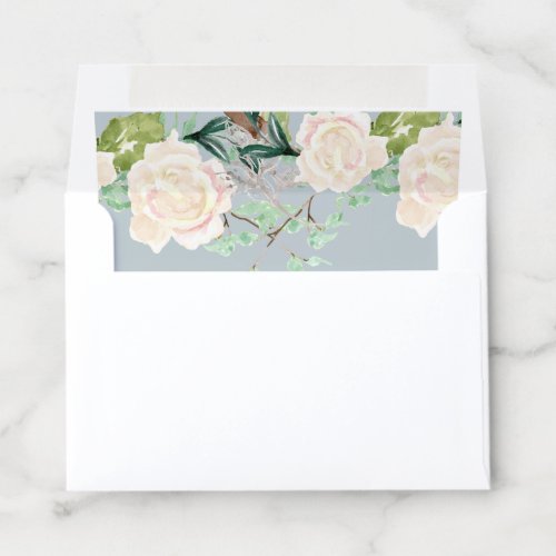 RSVP Mist Ivory Watercolor Roses w Leaf Foliage Envelope Liner