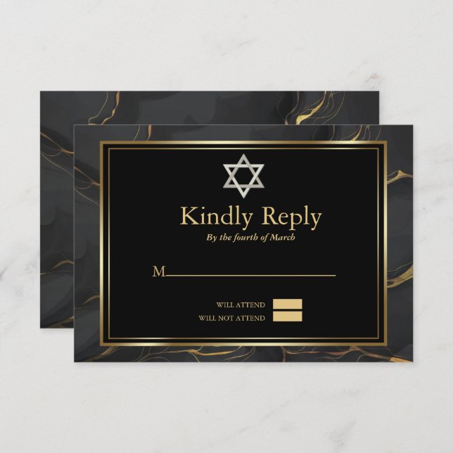 RSVP Modern Black Gold Marble Bar Mitzvah Invitation (Front/Back)