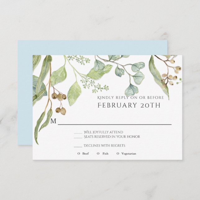 RSVP Modern Simple Blue Watercolor Eucalyptus Invitation (Front/Back)