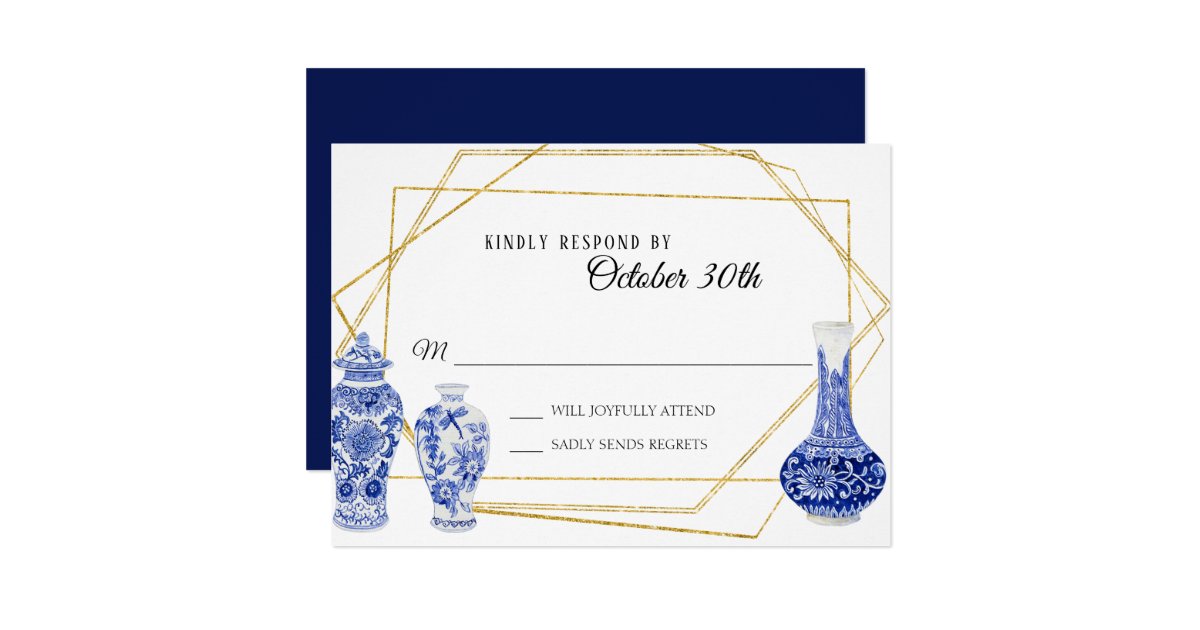 Rsvp Modern Vintage Navy Blue Gold Vase Ginger Jar Invitation
