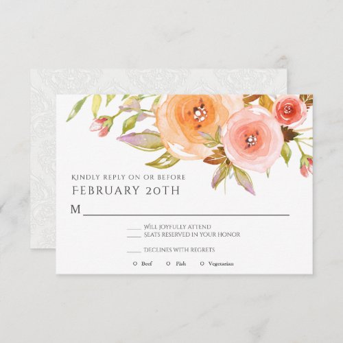 RSVP Modern Watercolor Peach Floral Damask Wedding Invitation