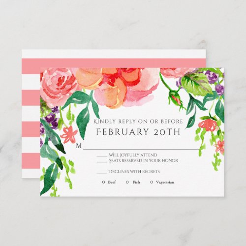 RSVP Modern Watercolor Rose Floral Striped Wedding Invitation