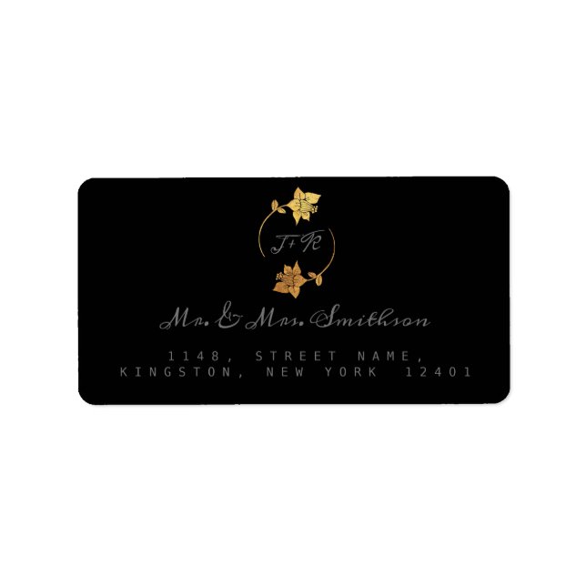 RSVP Monogram Black Gray Gold Wreath Flowers Label (Front)