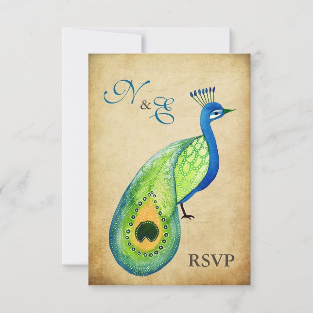 RSVP Monogram Vintage Peacock Wedding Cards (Front)