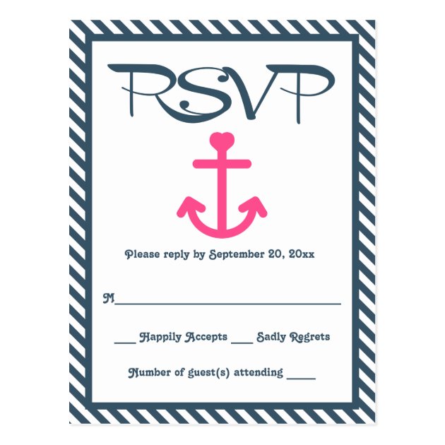 RSVP Nautical Pink Anchor Navy Blue Stripe Wedding Postcard