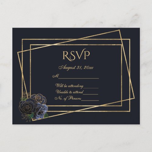RSVP Navy and Gold With Navy and Gold Glam Roses Postcard