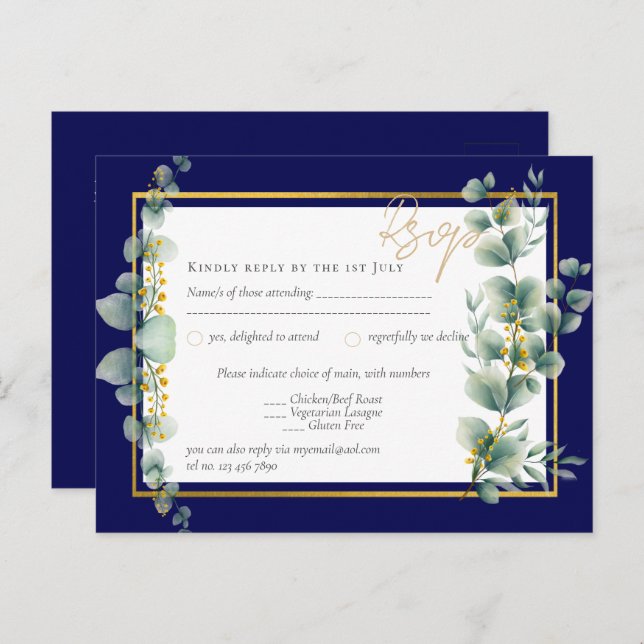 RSVP NAVY BLUE GOLD Greenery Eucalyptus Wedding Postcard (Front/Back)