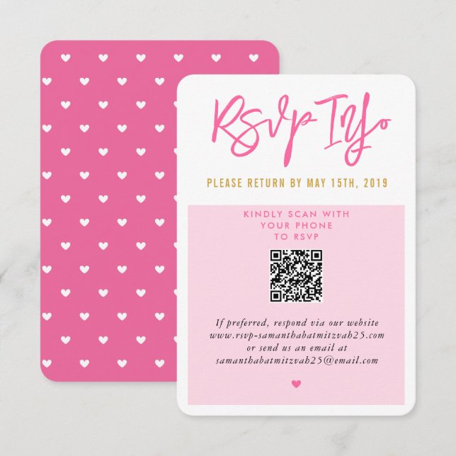 RSVP ONLINE pretty pink white hearts gold qrcode (Front/Back)