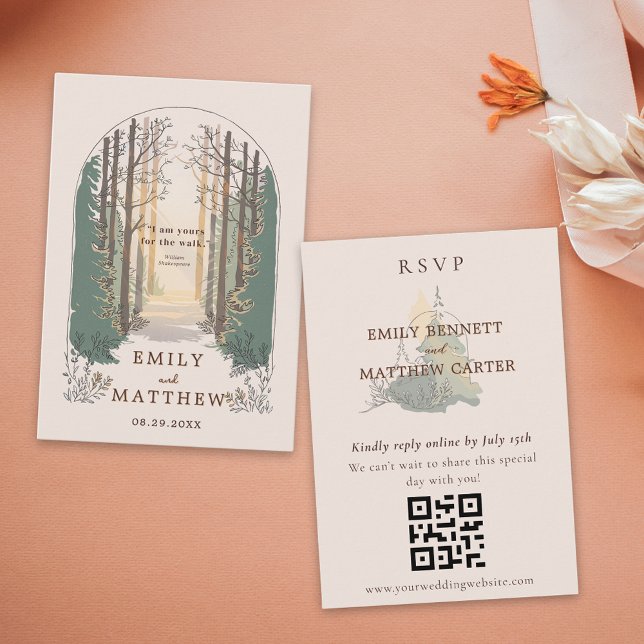 RSVP online QR Code Simple Elegant Rustic Forest Enclosure Card (Creator Uploaded)