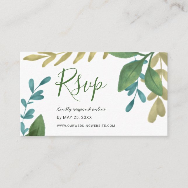 RSVP Online Reply Watercolor Wedding Tea Leaves Enclosure Card (Front)