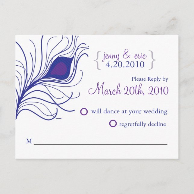 RSVP Peacock Feather Wedding Postcard Blue purple (Front)