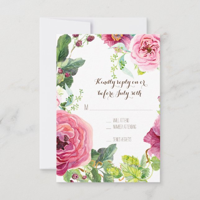 RSVP Peony Rose Wreath Leaf Raspberr Modern Simple Card (Front)