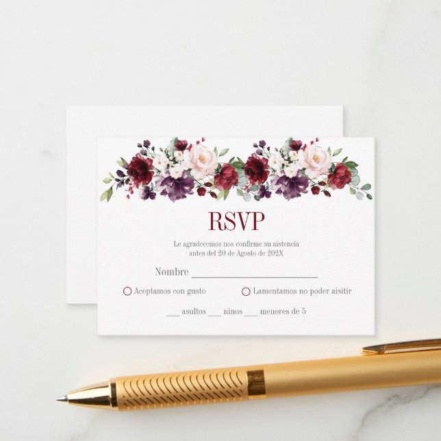 RSVP Pink  and Red Floral Quinceañera Enclosure Card (Front/Back In Situ)