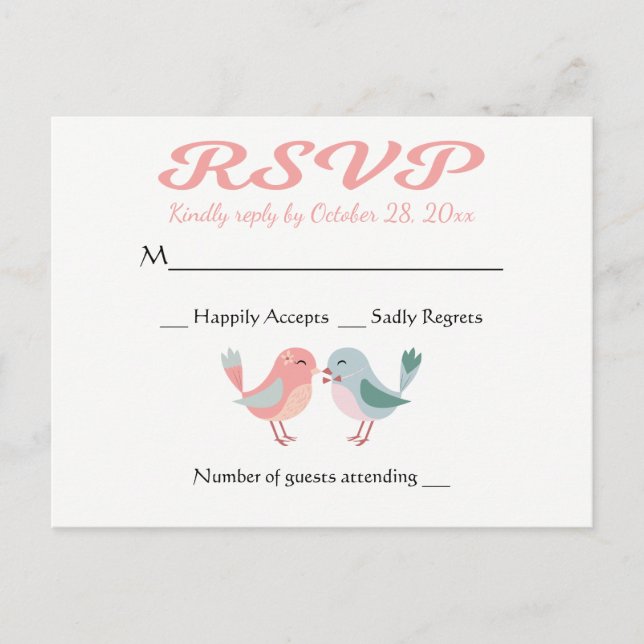 RSVP Pink & Blue Lovebirds Wedding Party Invitation Postcard (Front)