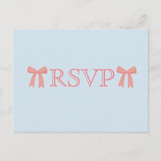 RSVP Pink Bows on Blue Background Invitation Postcard (Front)